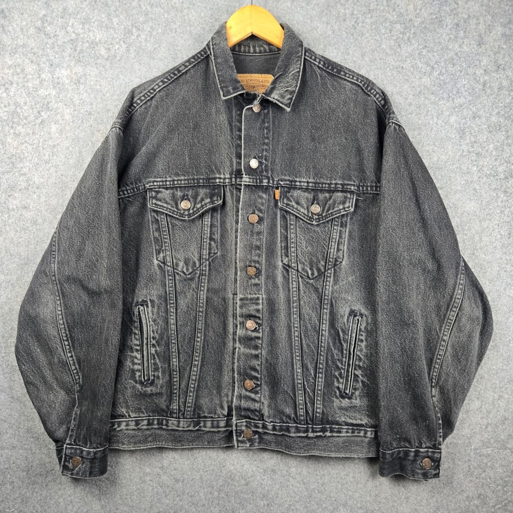 Vintage Levis Trucker Jacket Womens Large Black Denim Orange Tab 90s USA